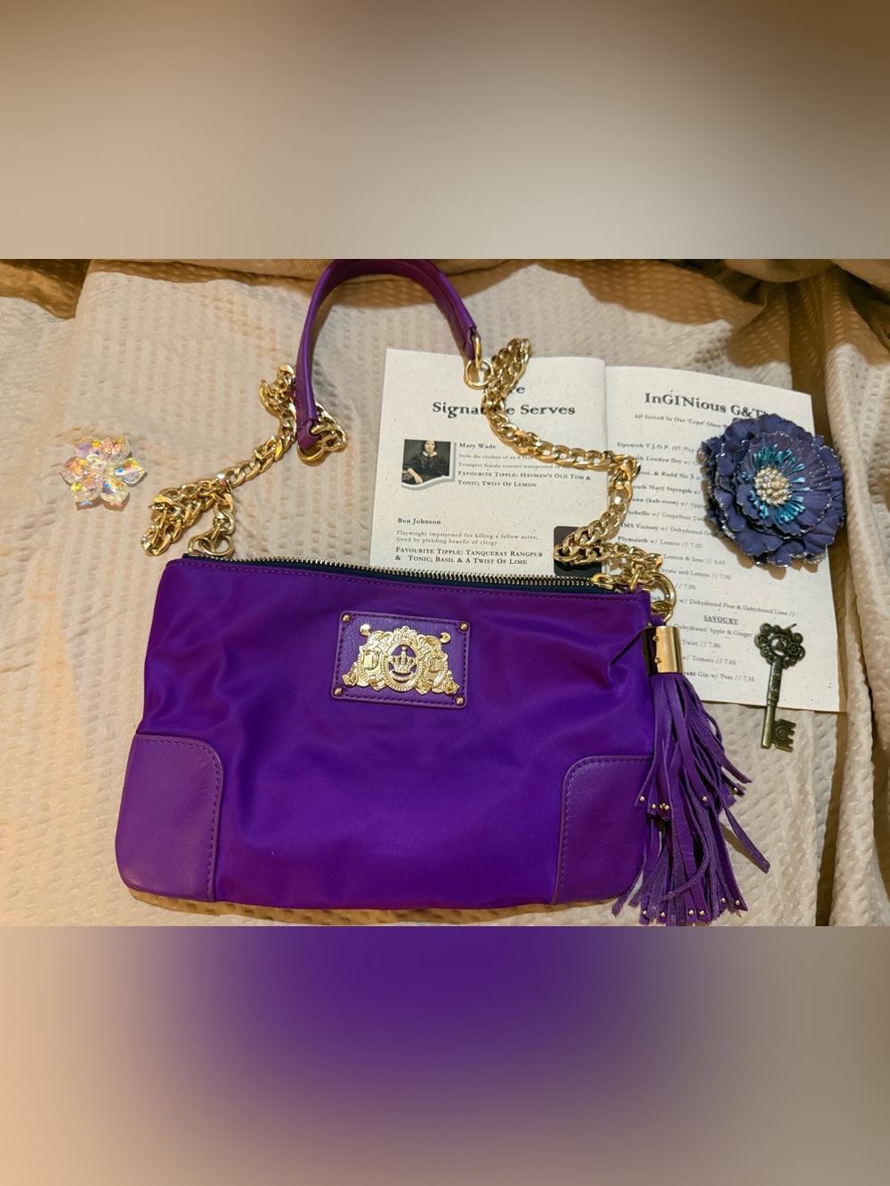 Juicy Couture Louisa Purple Nylon Gold Chain Tassel Crossbody Bag